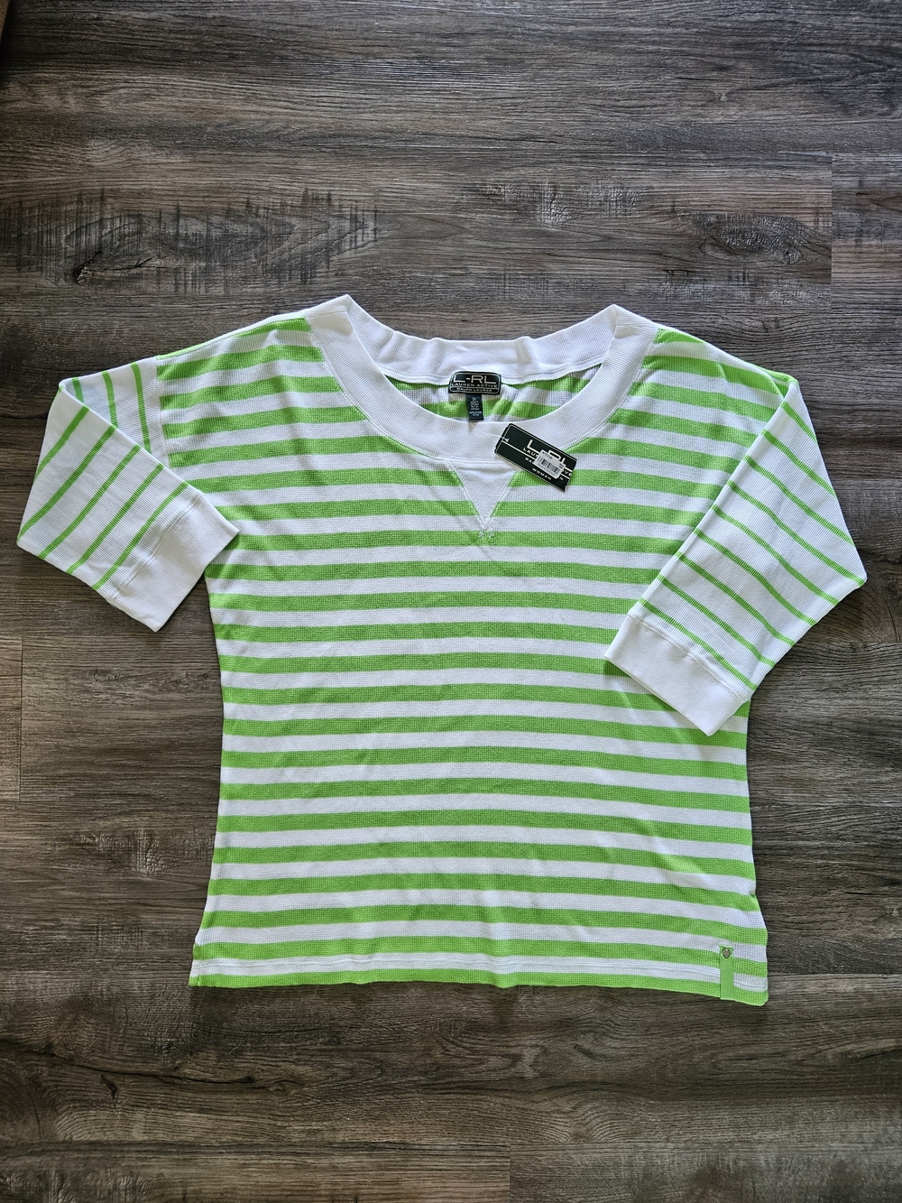 Lauren Ralph Lauren Active Lime Green Striped Ribbed 3/4 Sleeve Scoop Neck Top